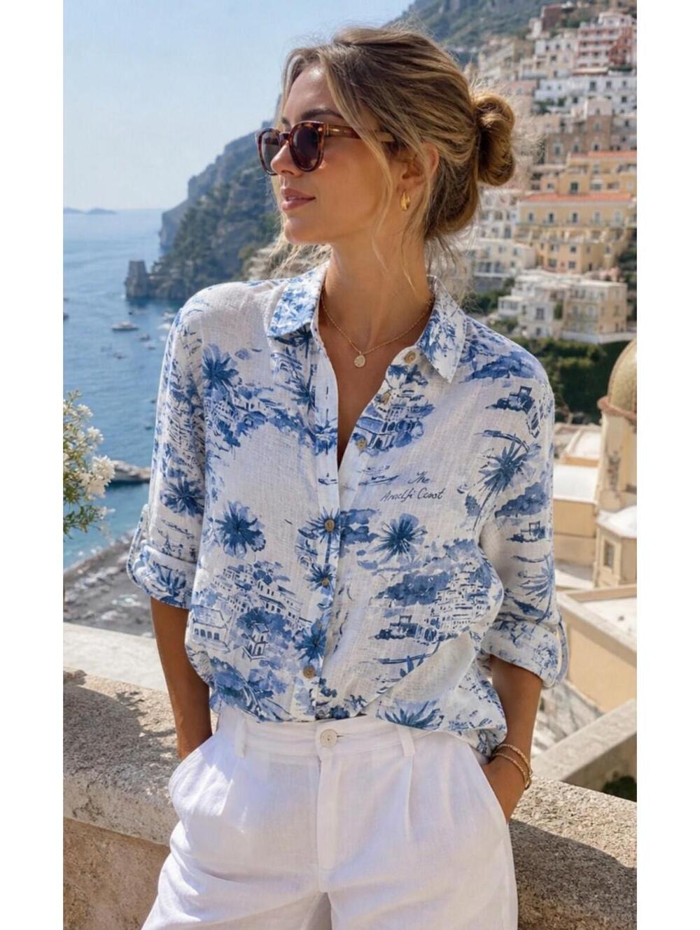 Cynthia Rowley Linen Amalfi Coast Shirt Womens Size 2XL Blue White Coastal Italy